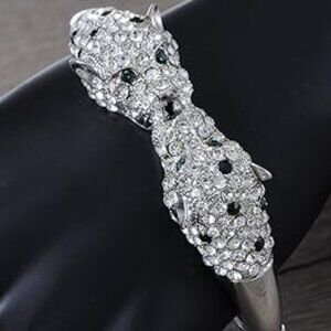 Neiman Marcus Silver Rhinestone Twin Jaguar Cuff Bangle Bracelet
